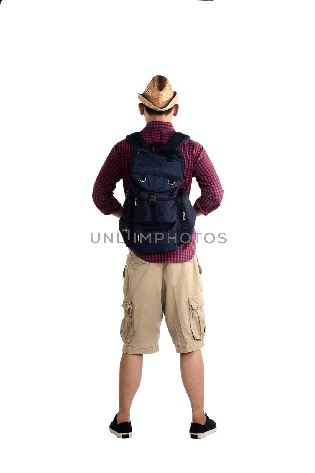 Backview of traveler man isolated over white background