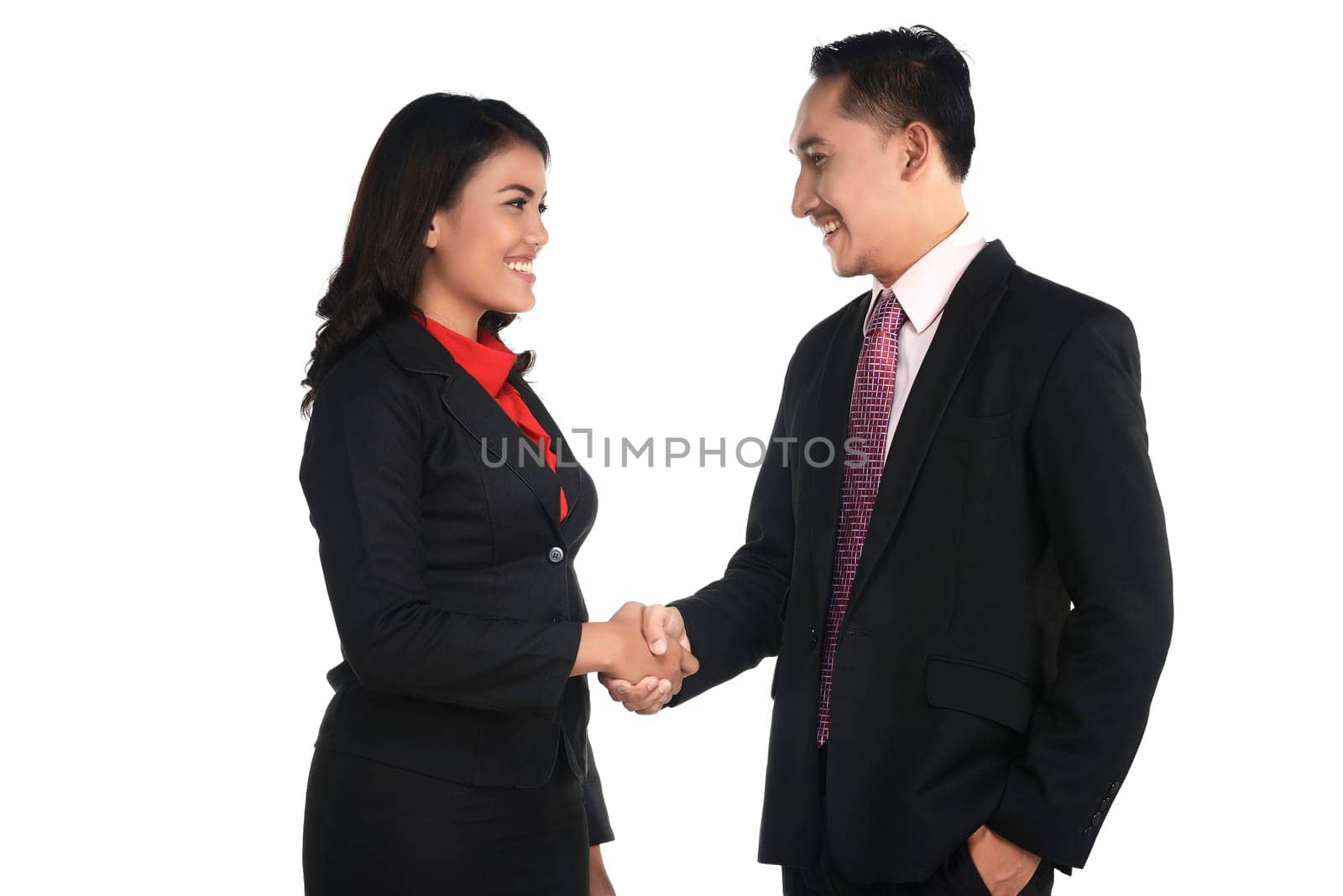 Business man and woman shake hand isolated over white background