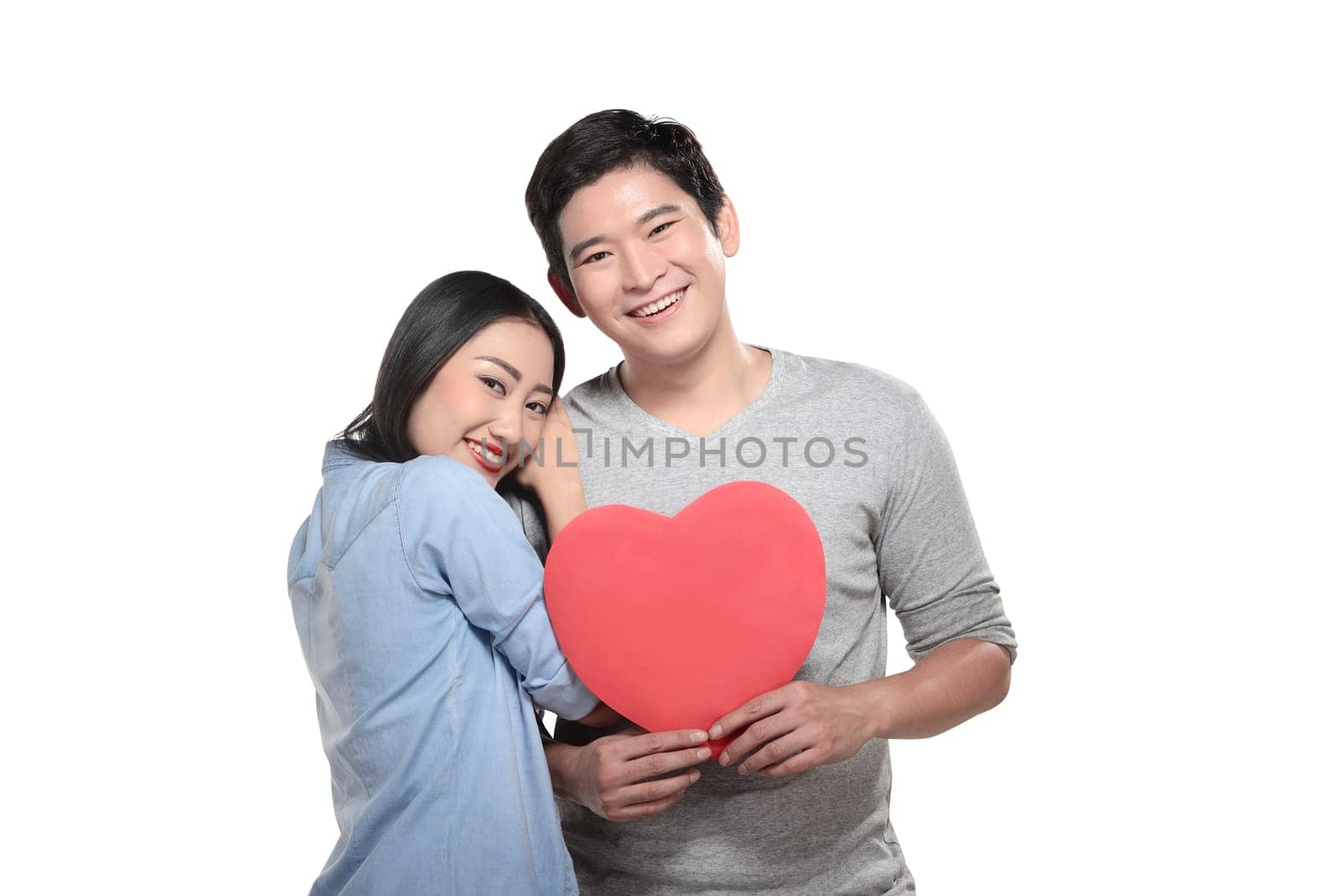 Asian couple celebrate valentine isolated over white background