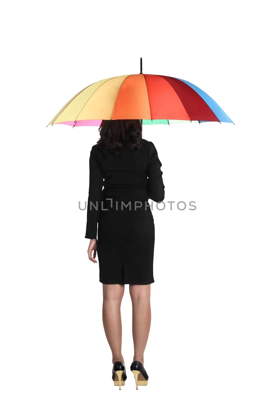 Business woman holding colorful umbrella isolated over white background