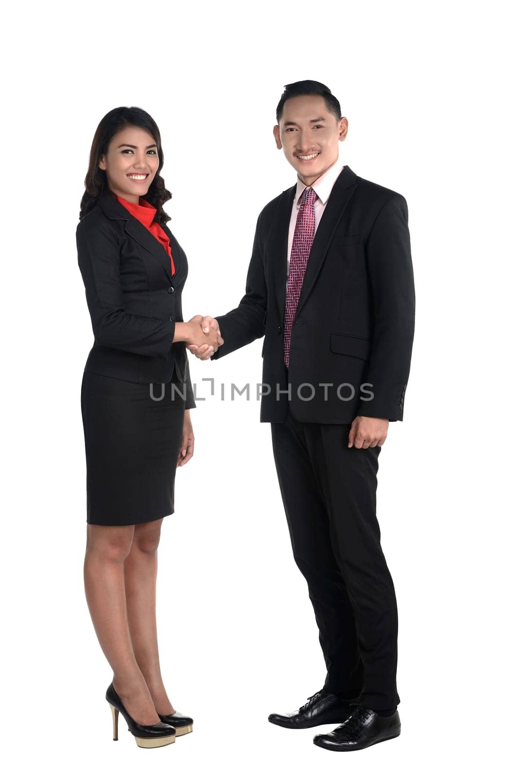 Business man and woman shake hand isolated over white background