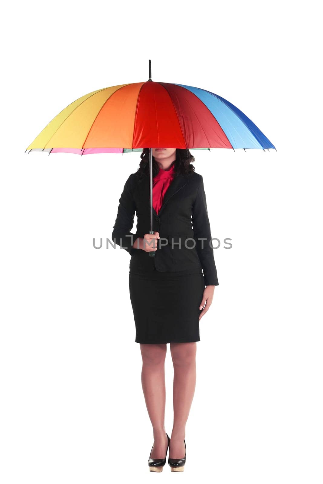 Business woman holding colorful umbrella isolated over white background