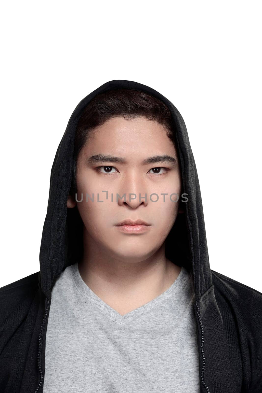 Asian man in hoodie shirt isolated over white background