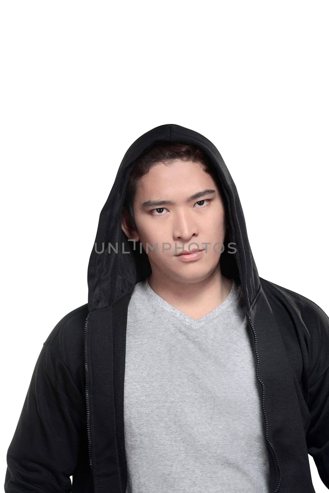 Asian man in hoodie shirt isolated over white background