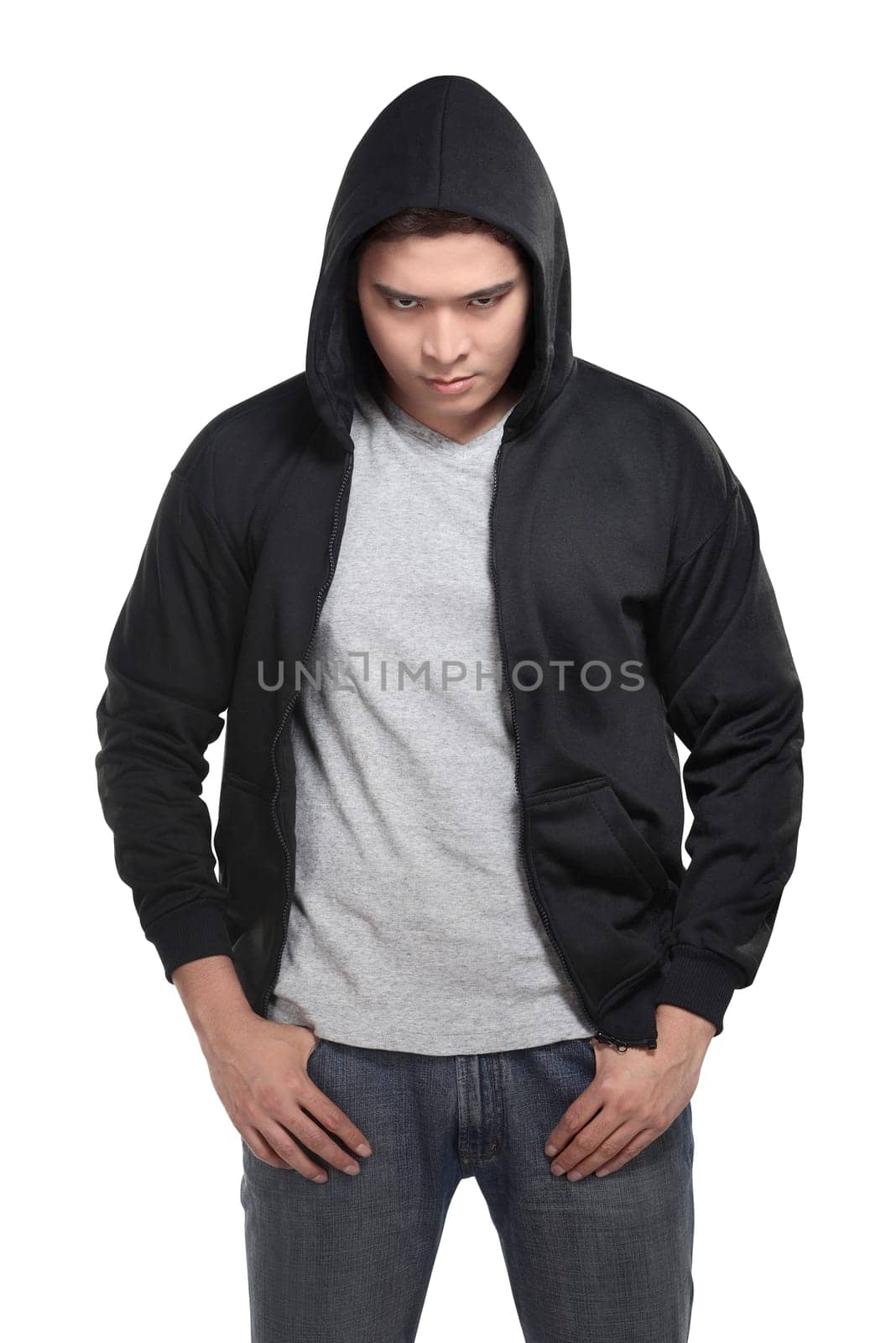 Asian man in hoodie shirt isolated over white background