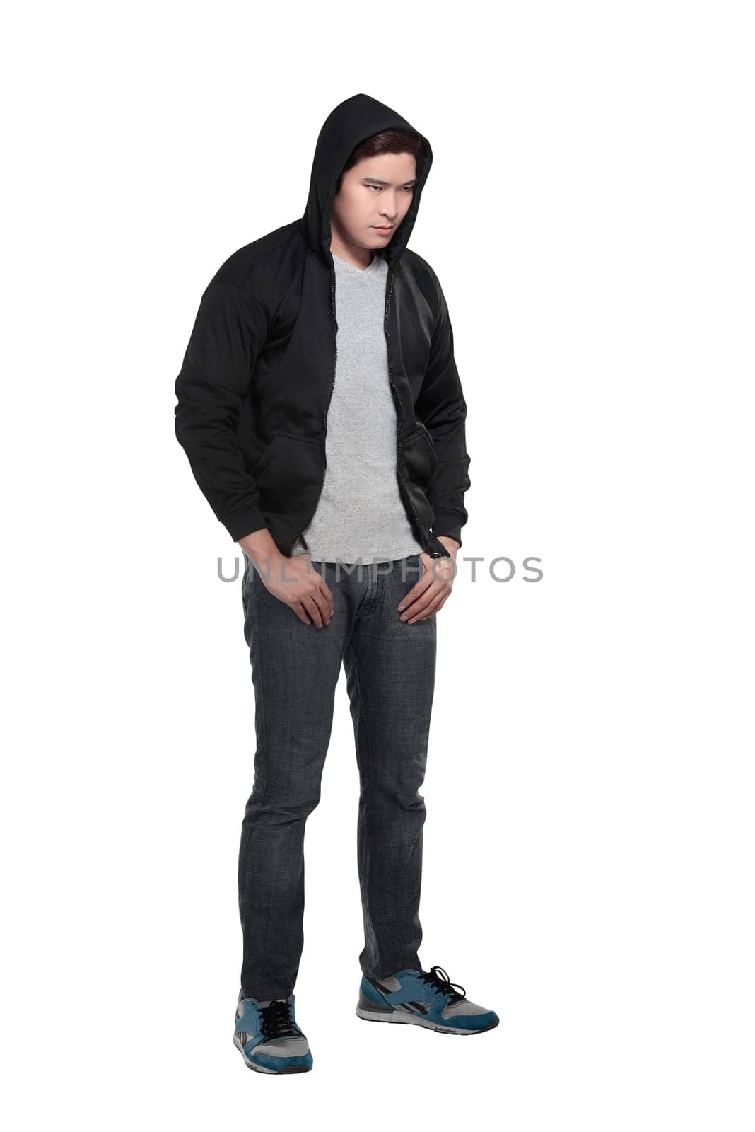 Asian man in hoodie shirt isolated over white background