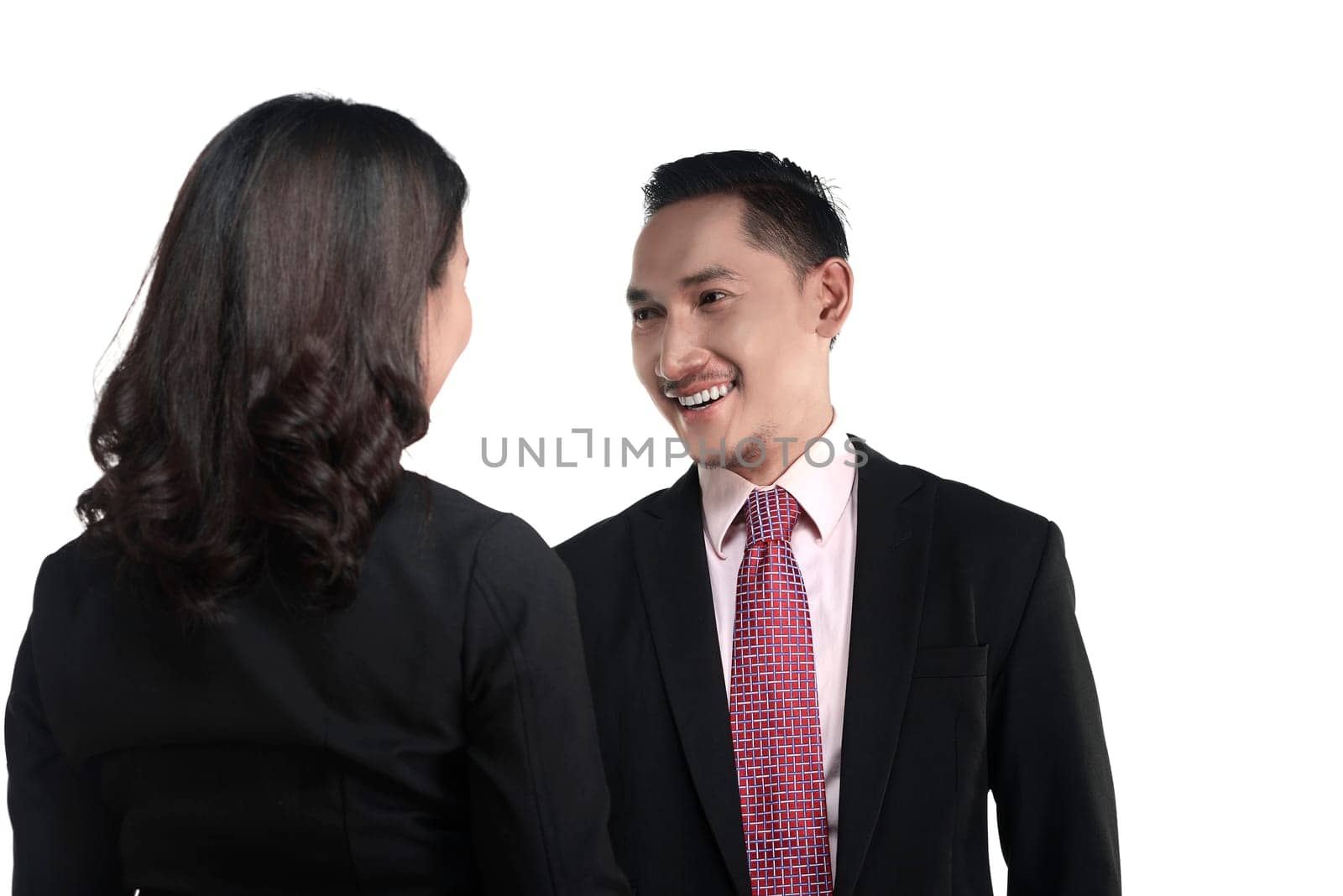 Business man and woman shake hand isolated over white background
