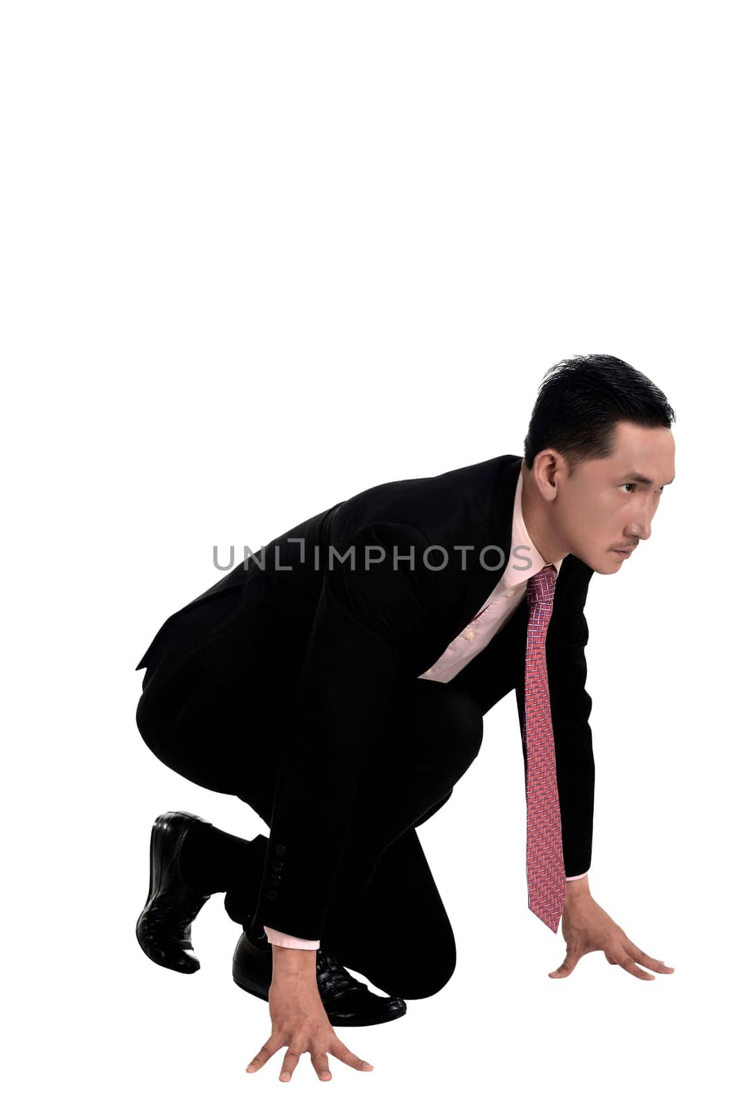 Asian business man start running isolated over white background