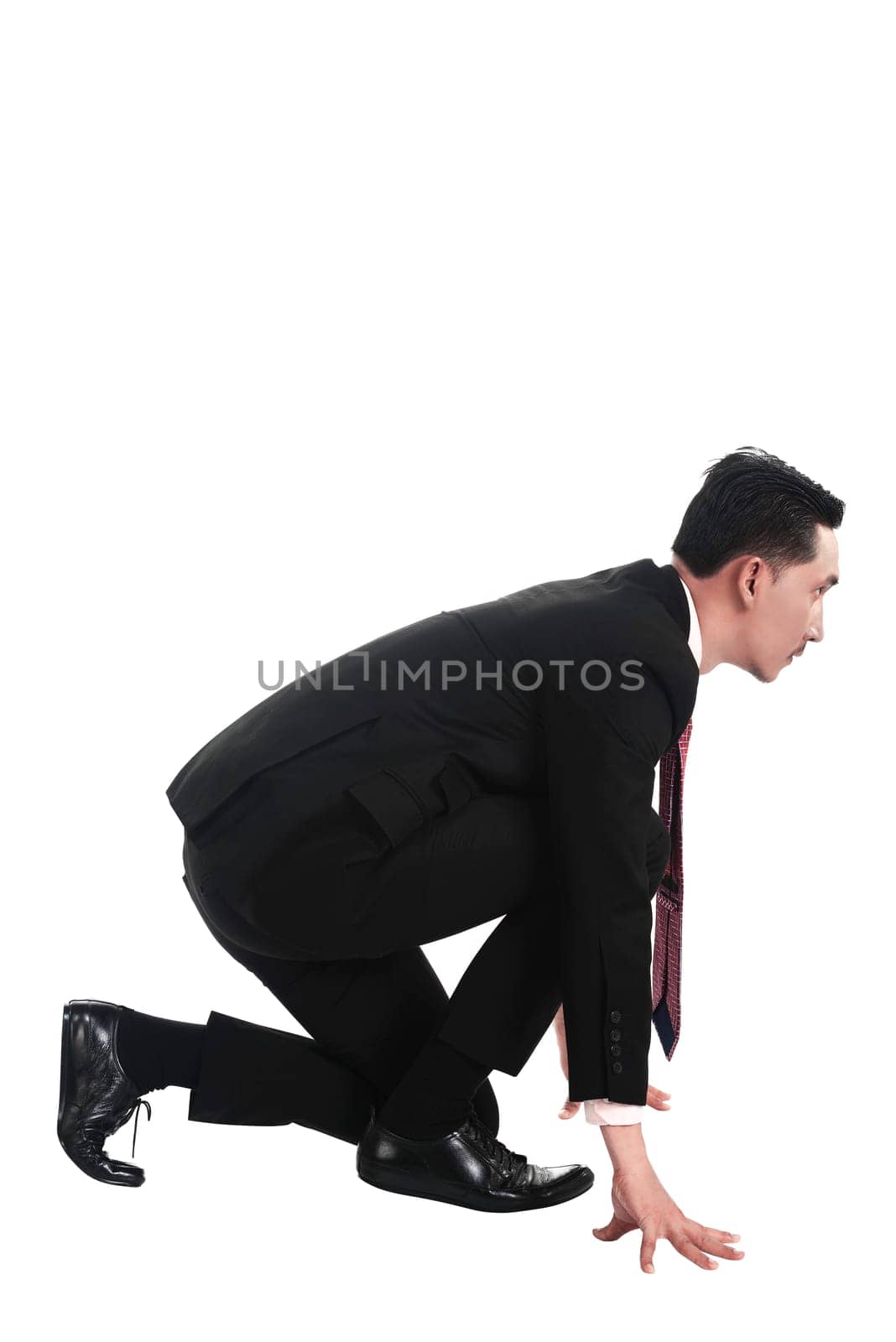 Asian business man start running isolated over white background