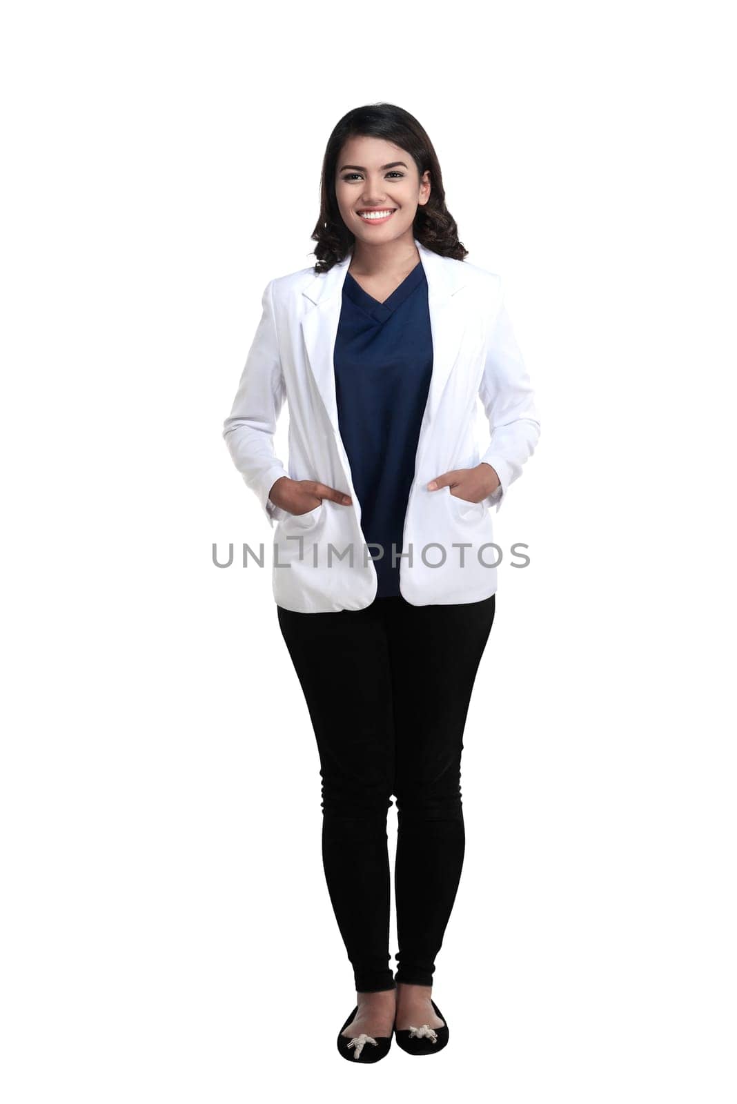 Asian female doctor standing fullbody isolated over white background