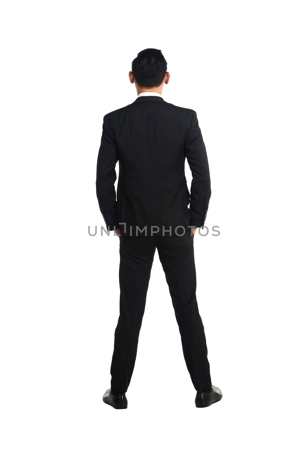 Backview asian business man isolated over white background