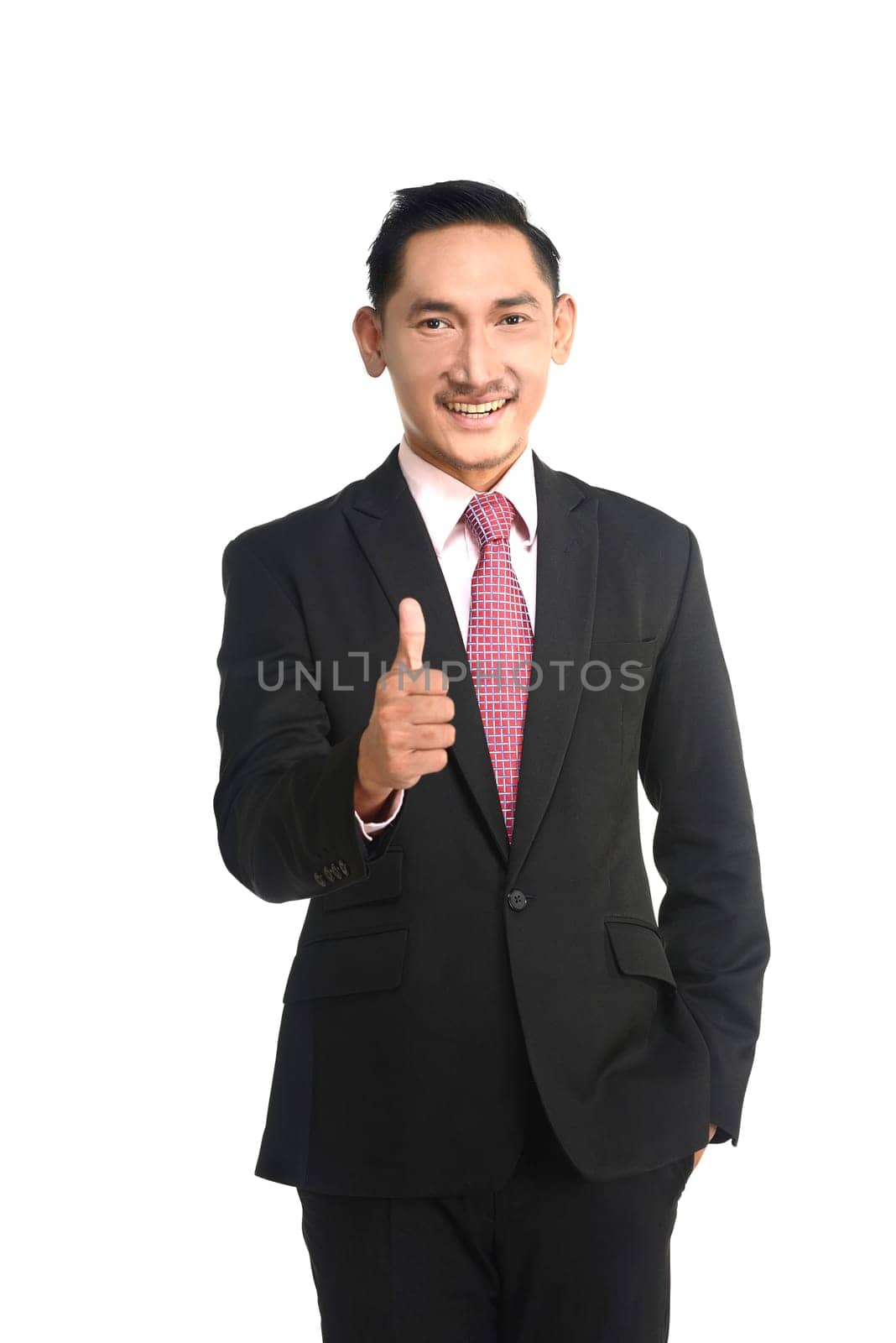 Asian business man show thumb up isolated over white background