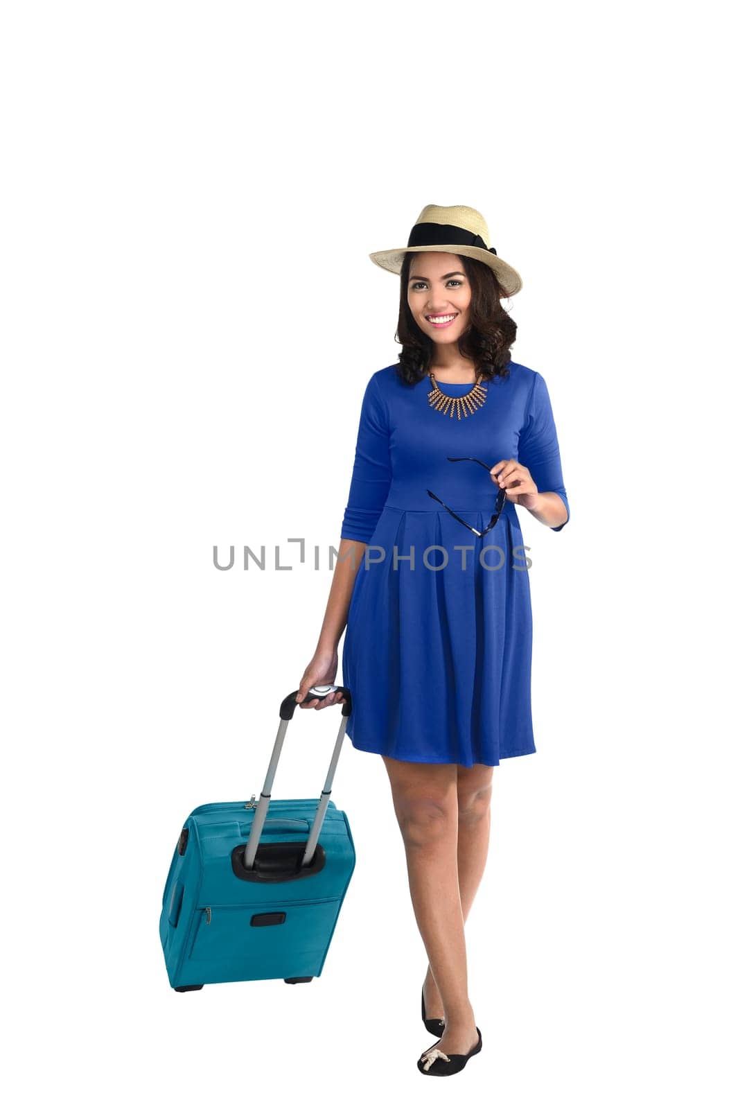 Young asian female tourist isolated over white background
