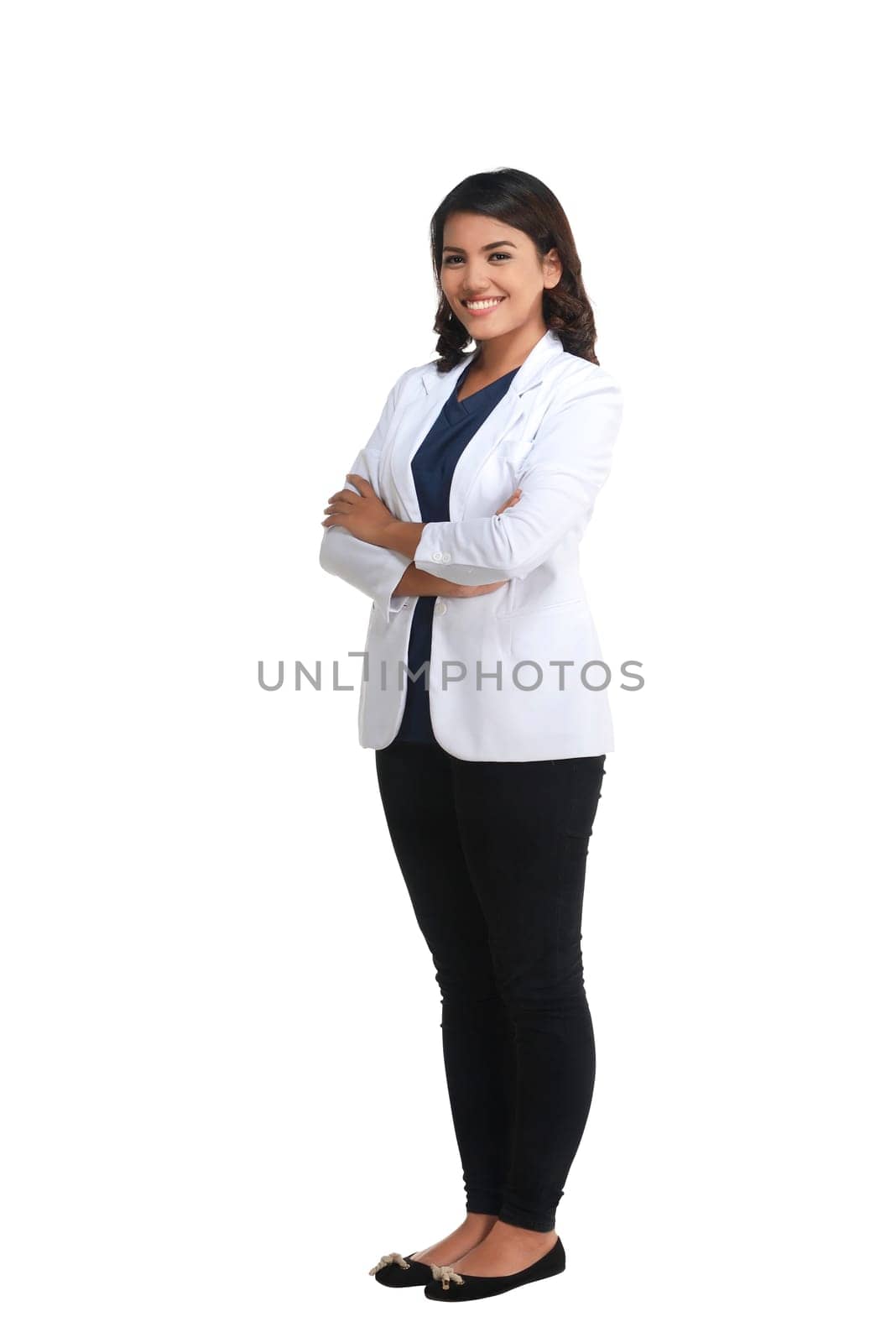 Asian female doctor standing fullbody isolated over white background