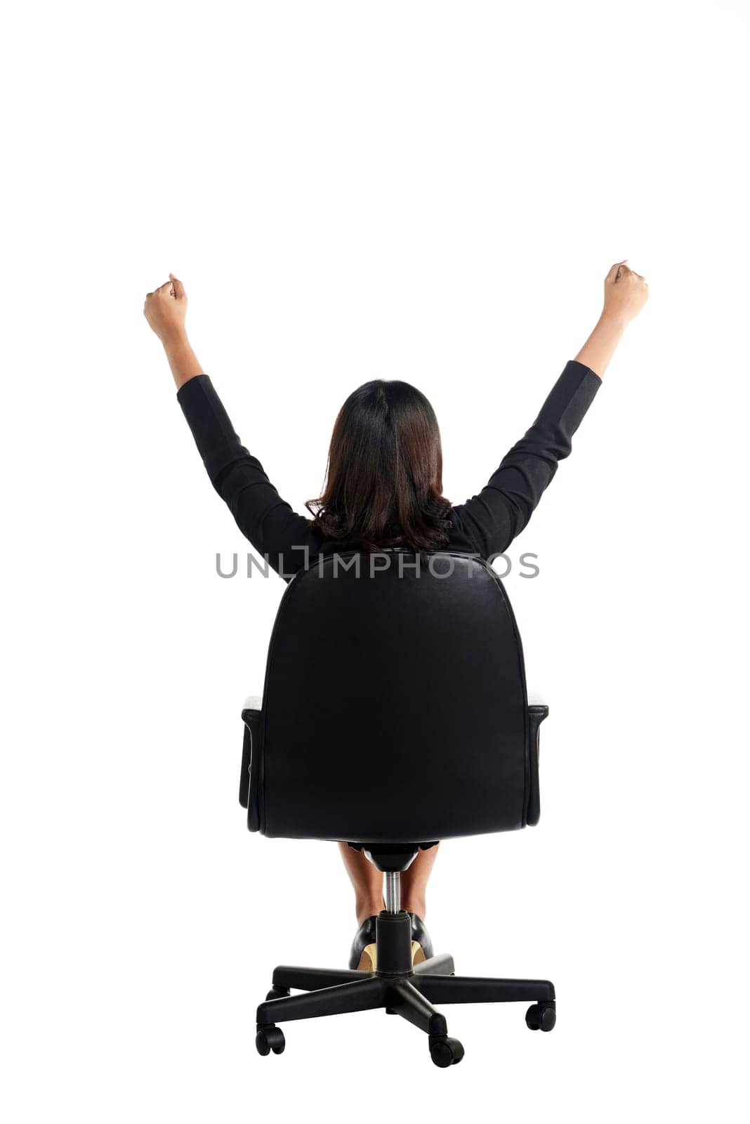 Business woman sitting on the chair raise hand isolated over white background