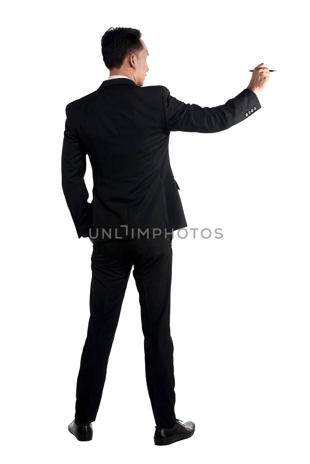 Asian business man writing something isolated over white background