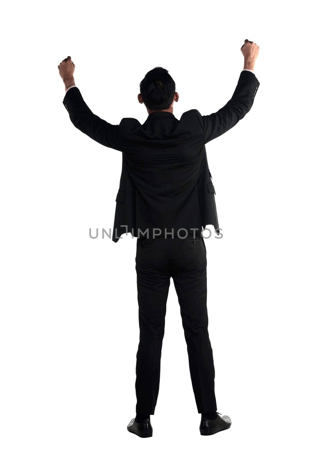 Backview of asian business man raise hand isolated over white background