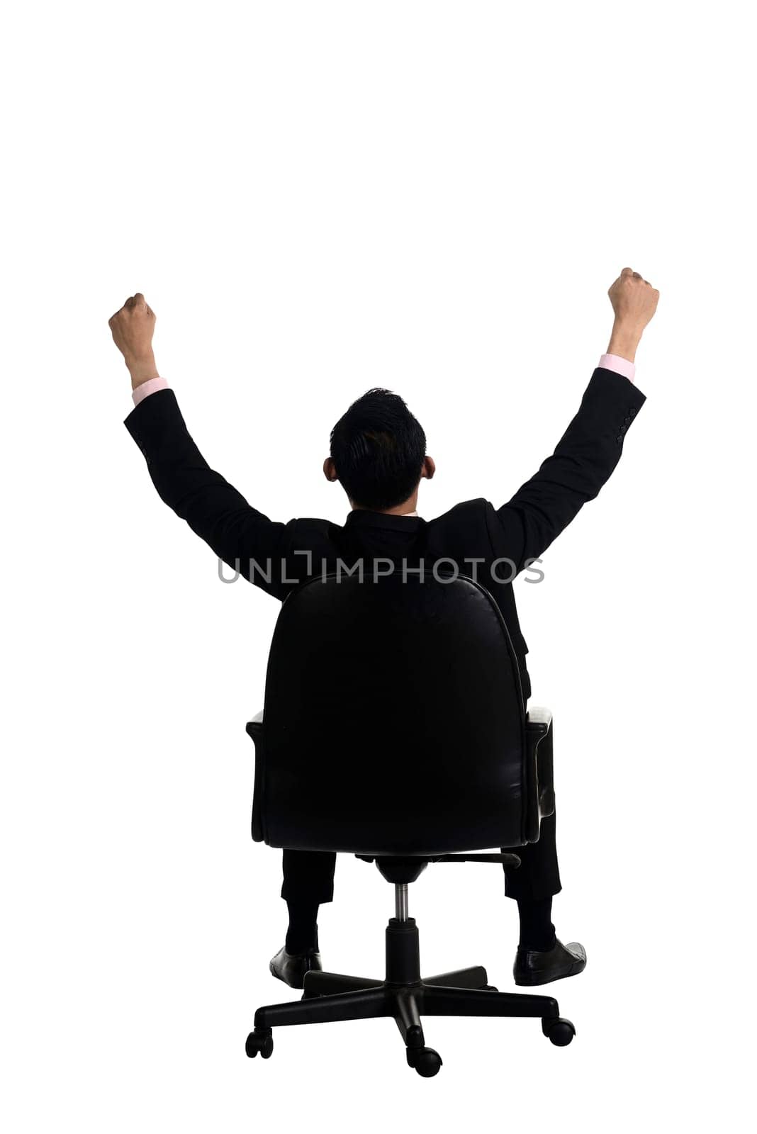 Backview of business man raise hand sitting on the chair isolated over white background