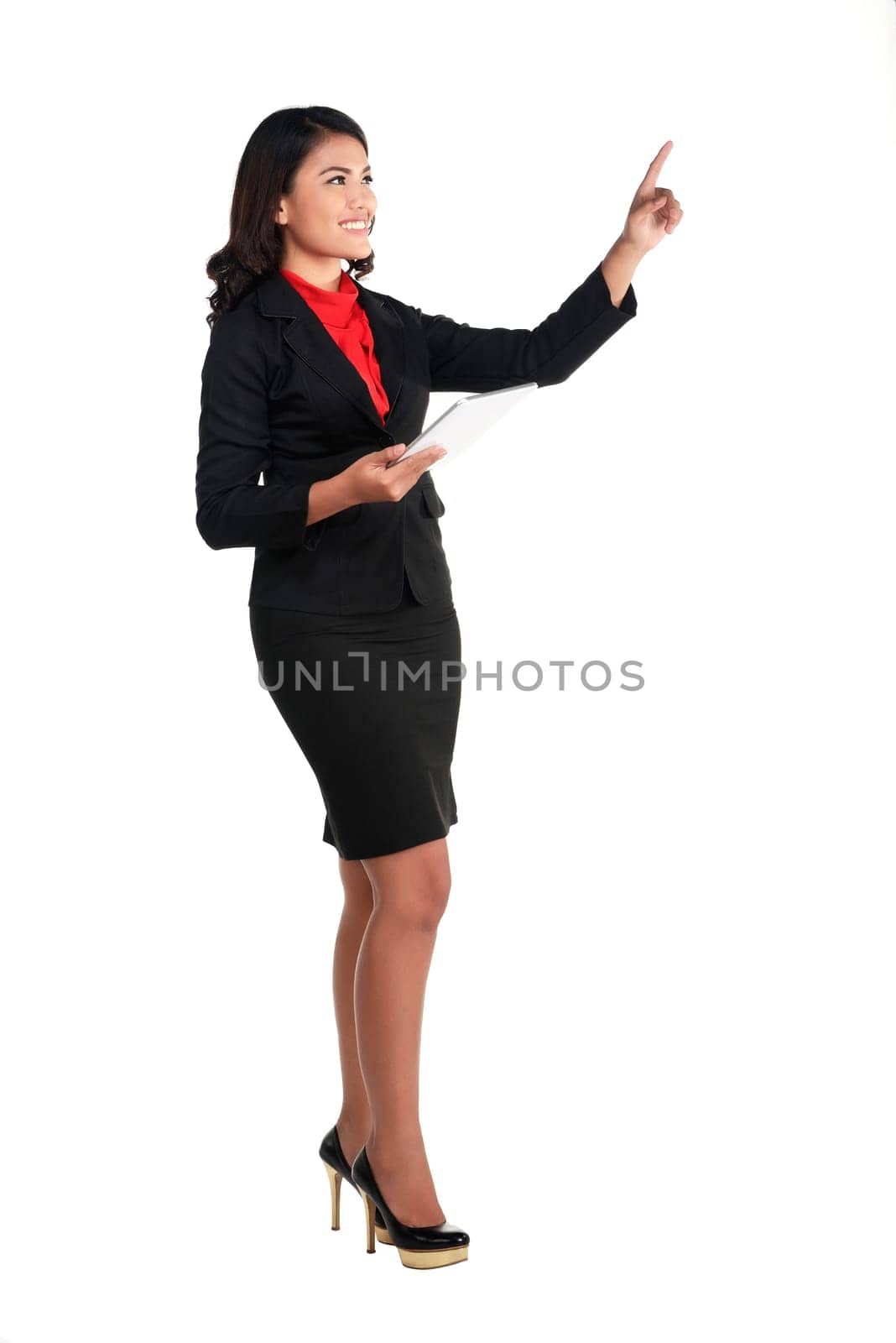 Asian business woman push something isolated over white background