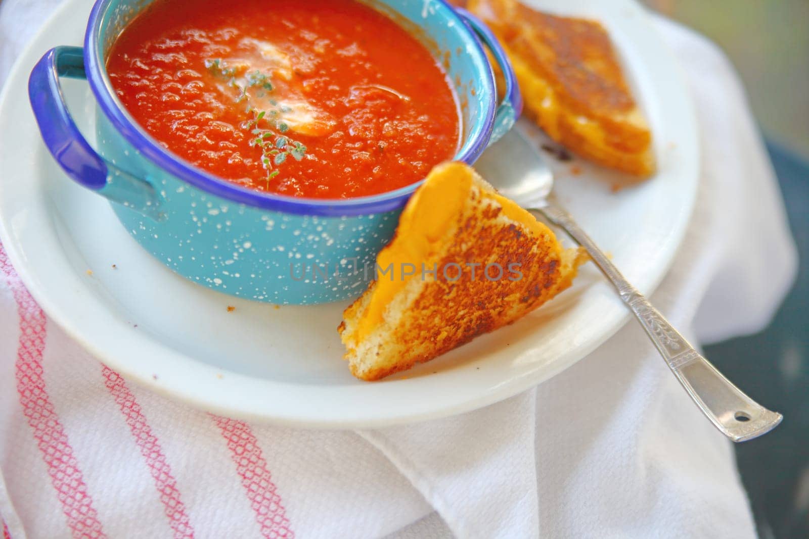 Cup of tomato soup with fresh thyme and grilled cheese sandwich