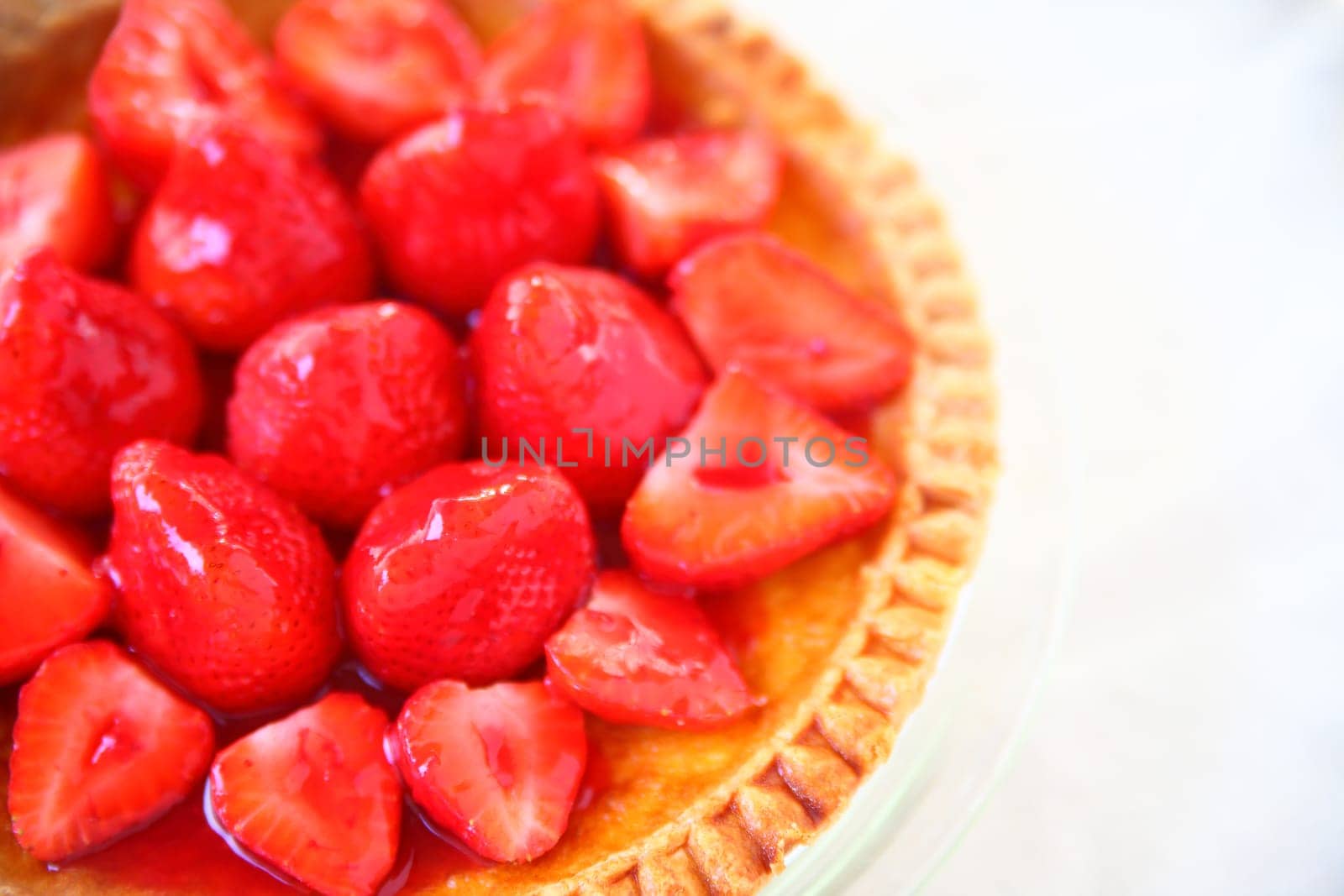 Custard pie with fresh strawberries with copy space