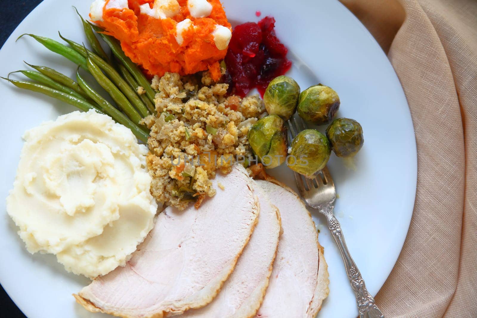 Traditional food served at Thanksgiving including turkey, mashed potatoes, stuffing, green beans, brussels sprouts and mashed sweet potatoes with marshmallows