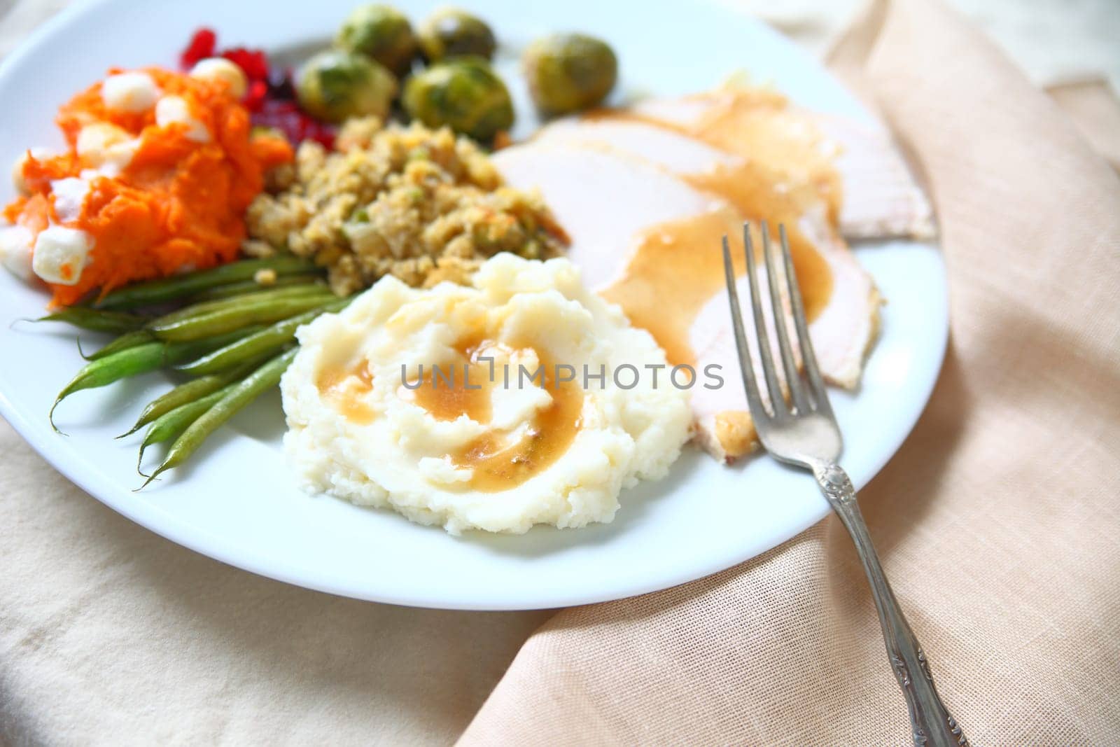 Turkey dinner with stuffing, gravy, mashed potatoes, green beans, sweet potatoes and brussels sprouts with napkin