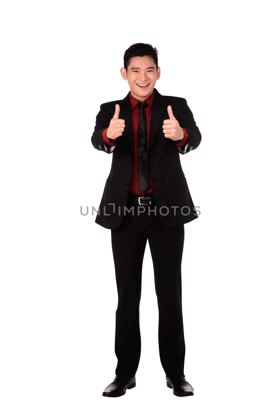 Asian business man show thumb up isolated over white background