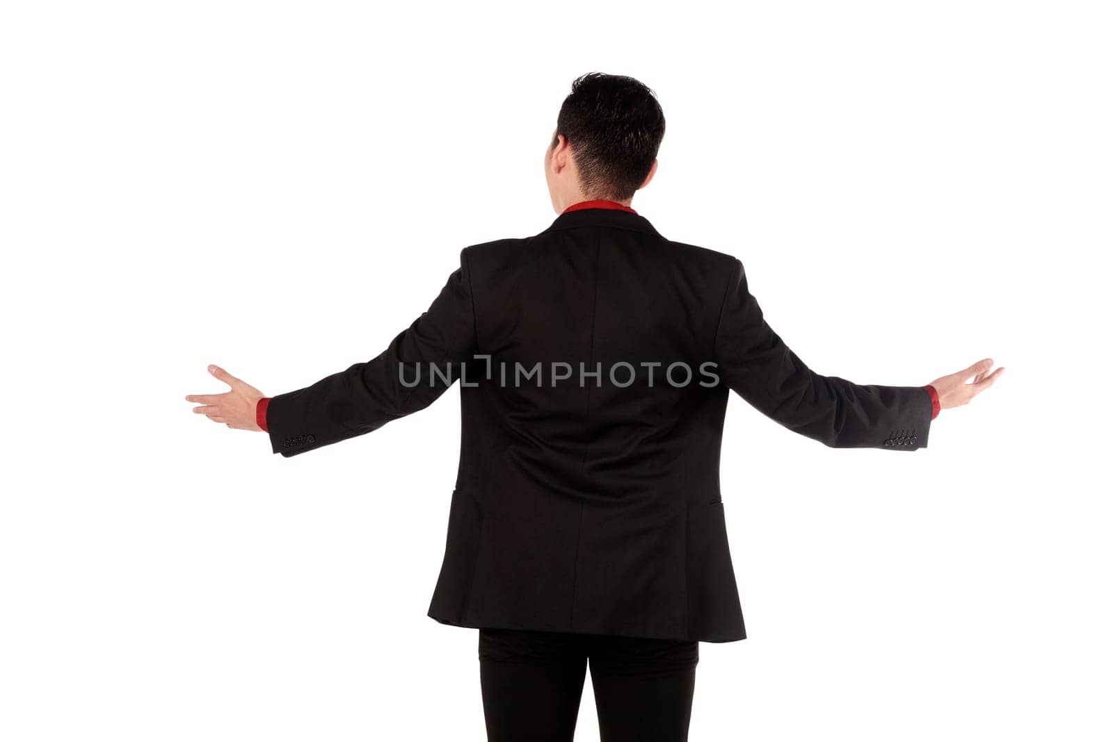 Business man giving lecture taken from behind isolated over white background