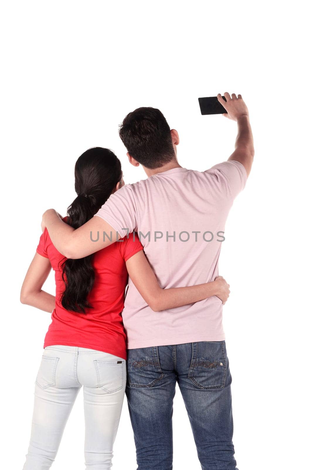 Asian couple selfie with cellphone isolated over white background