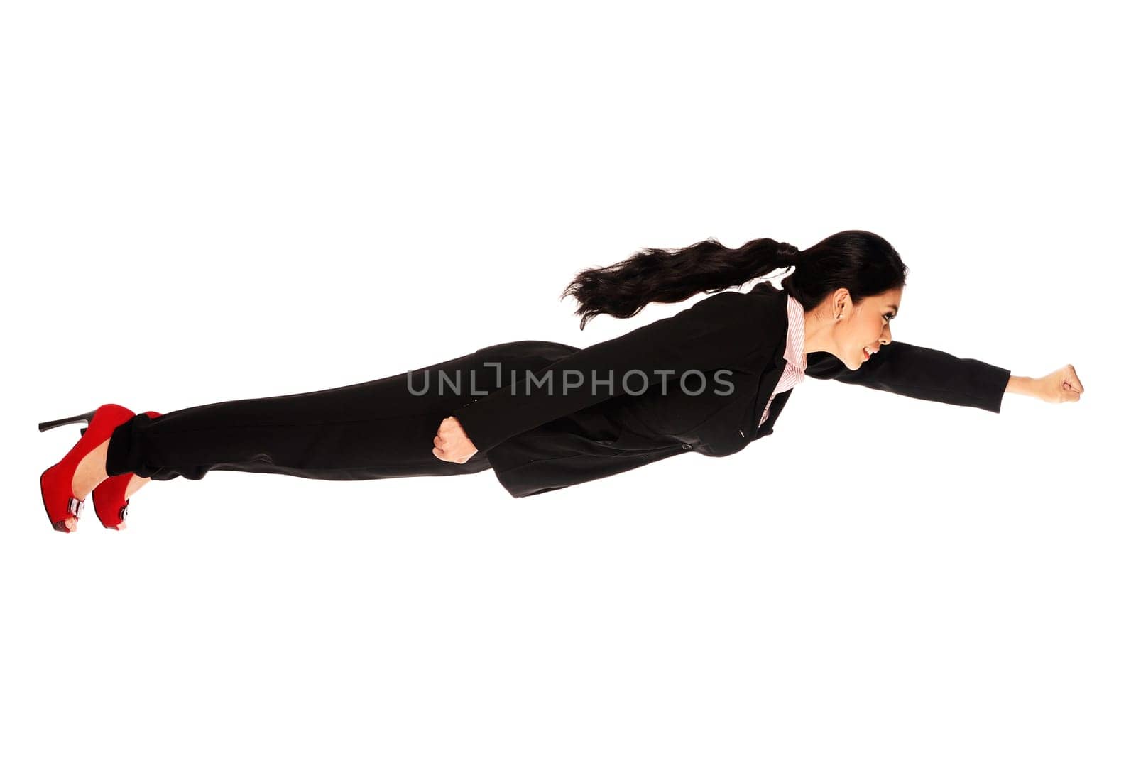 Superhero business woman flying isolated over white background