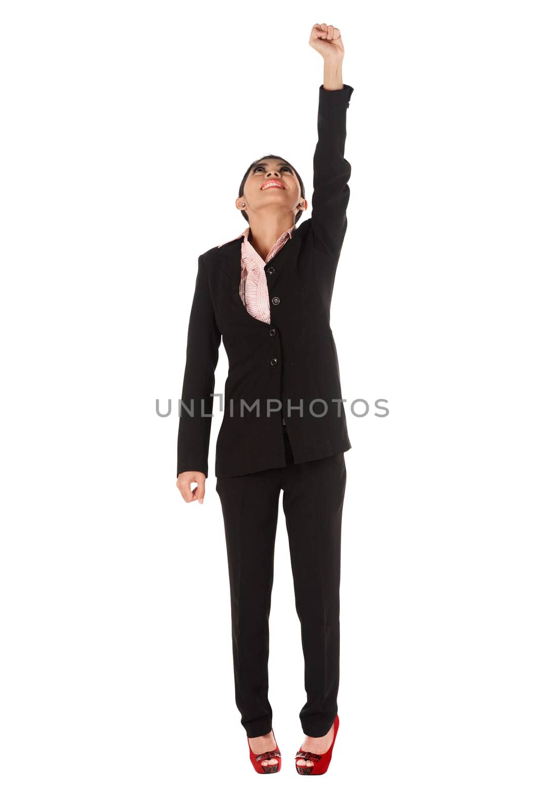Asian business woman flying isolated over white background