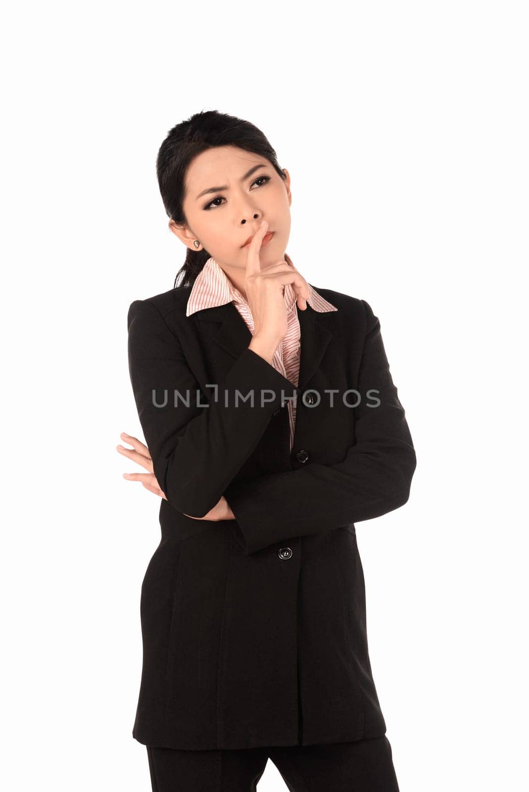 Asian business woman thinking isolated over white background