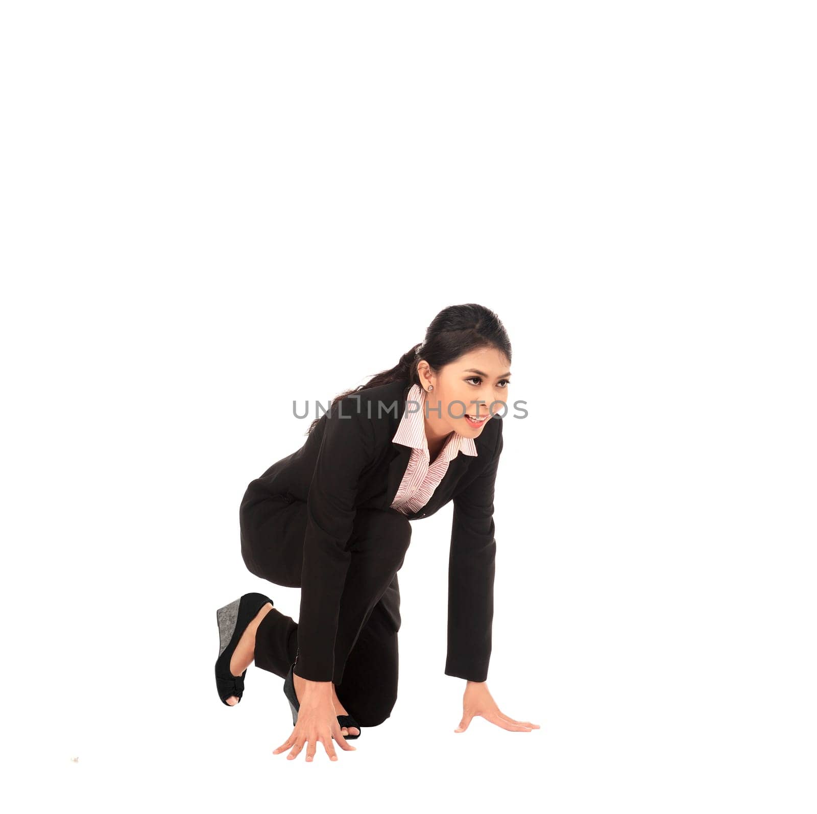 Asian business woman running isolated over white background