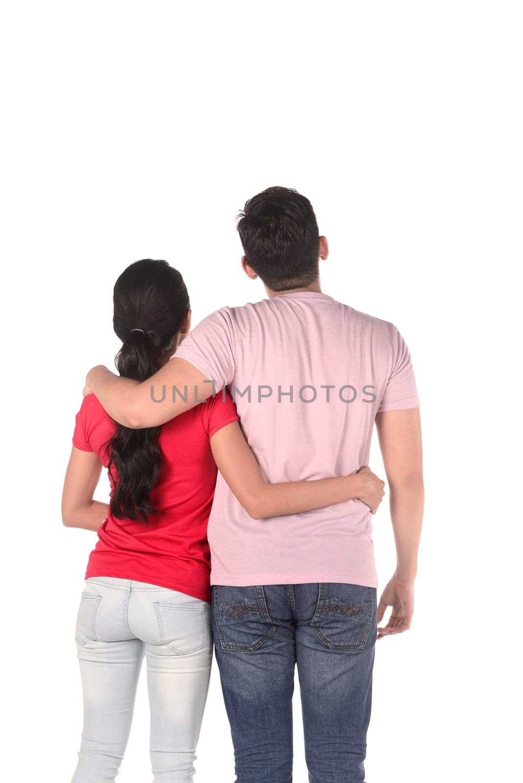 Back view of couple holding hand isolated over white background