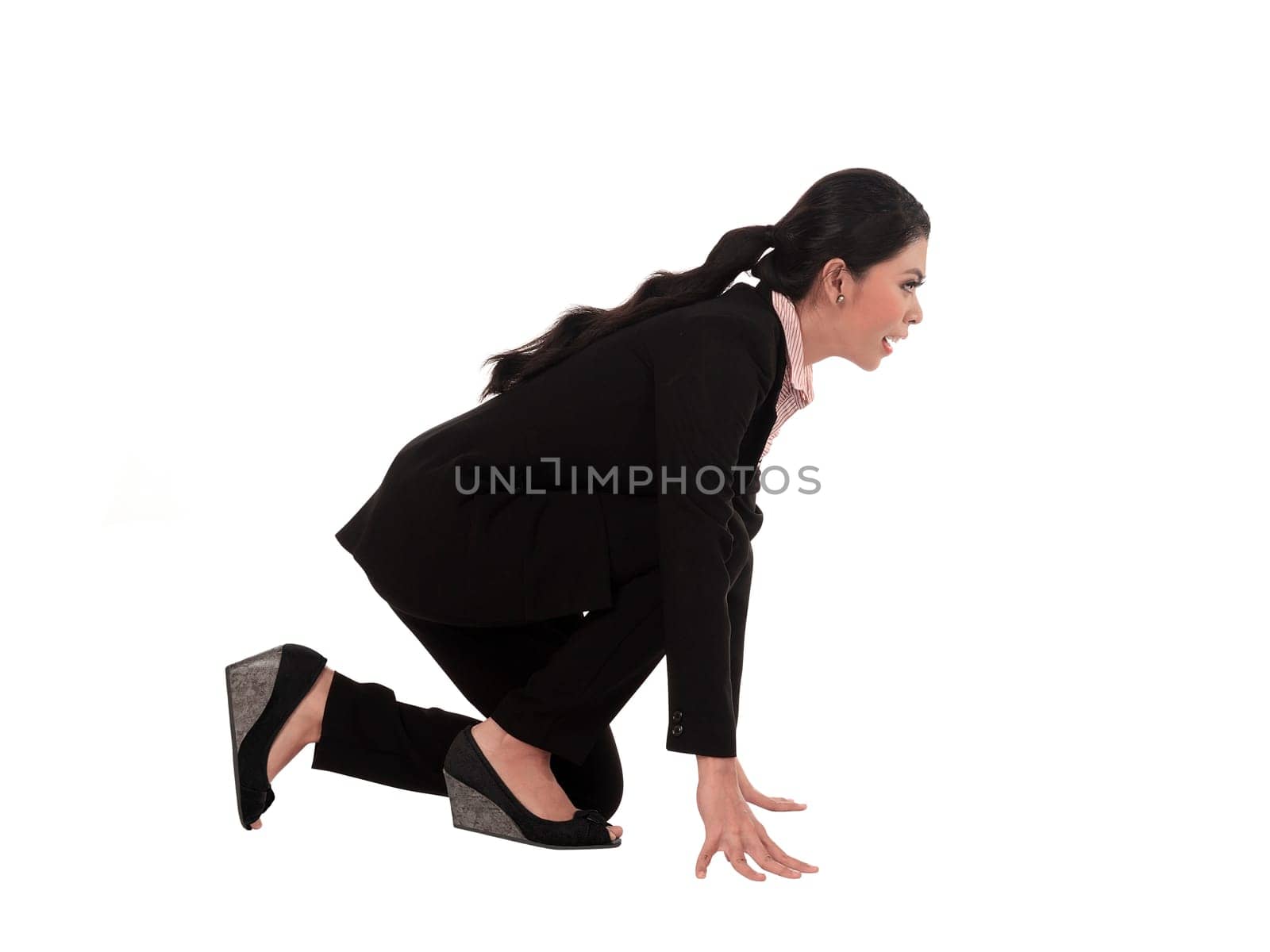 Asian business woman running isolated over white background