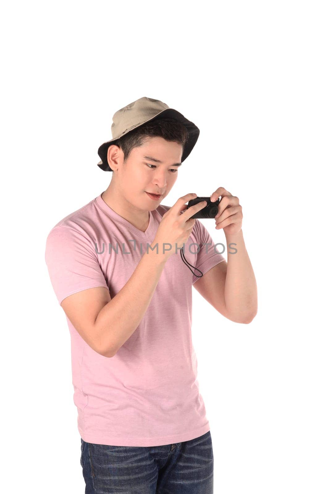 Asian photographer taking image with pocket camera isolated over white background