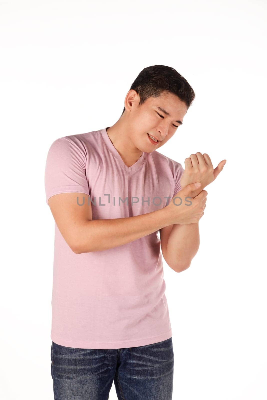 Asian man get his hand hurt isolated over white background