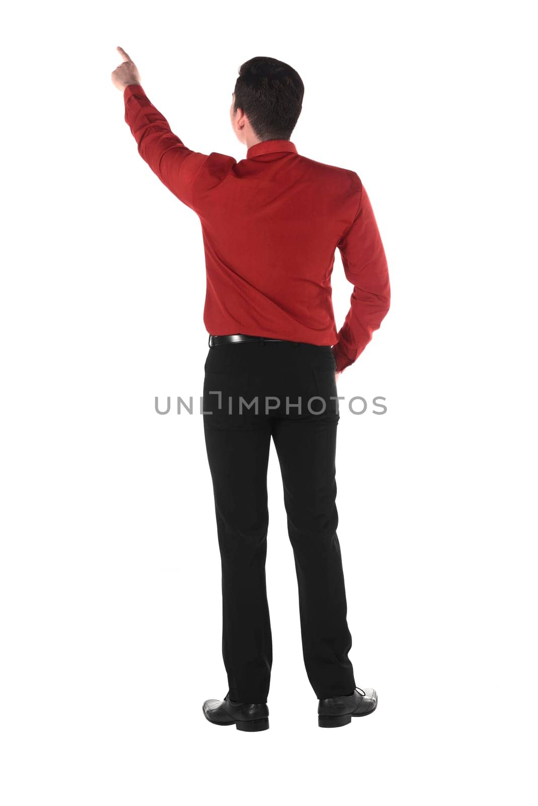 Asian business man pointing something isolated over white background