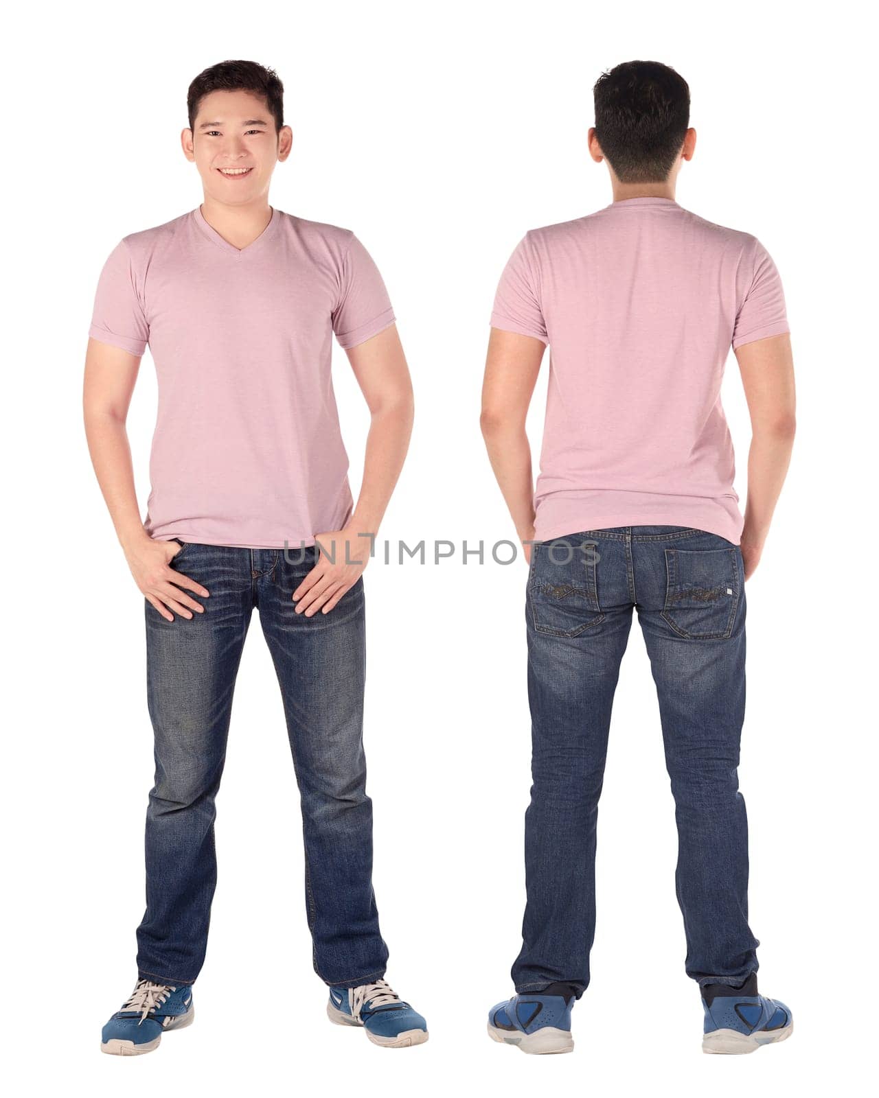 Young man with blank shirt on a white background. You can put your design on the shirt