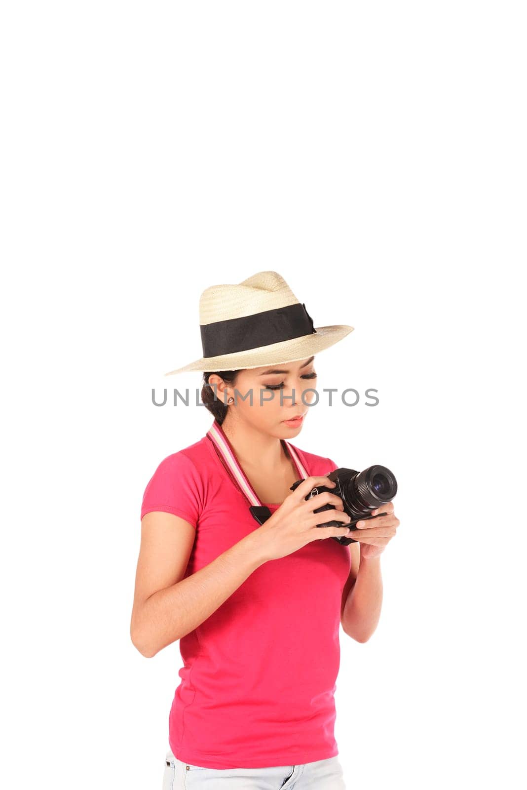Asian photographer taking image isolated over white background