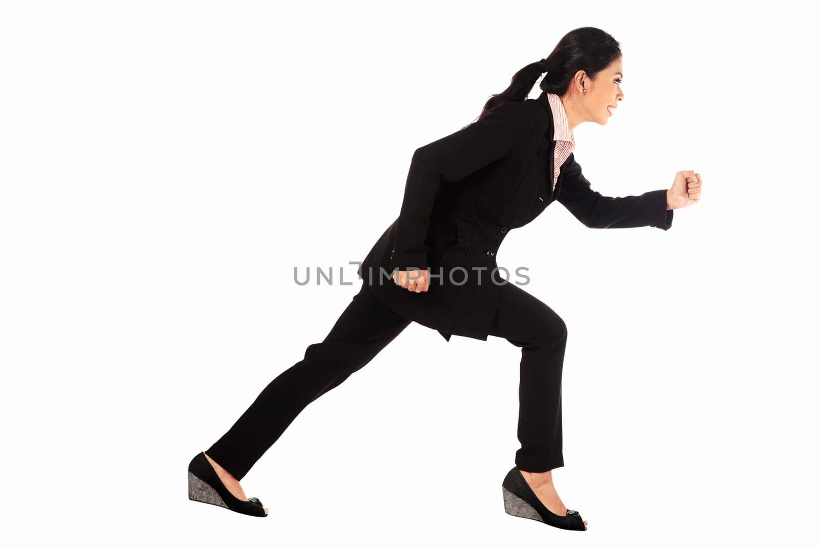 Asian business woman running isolated over white background