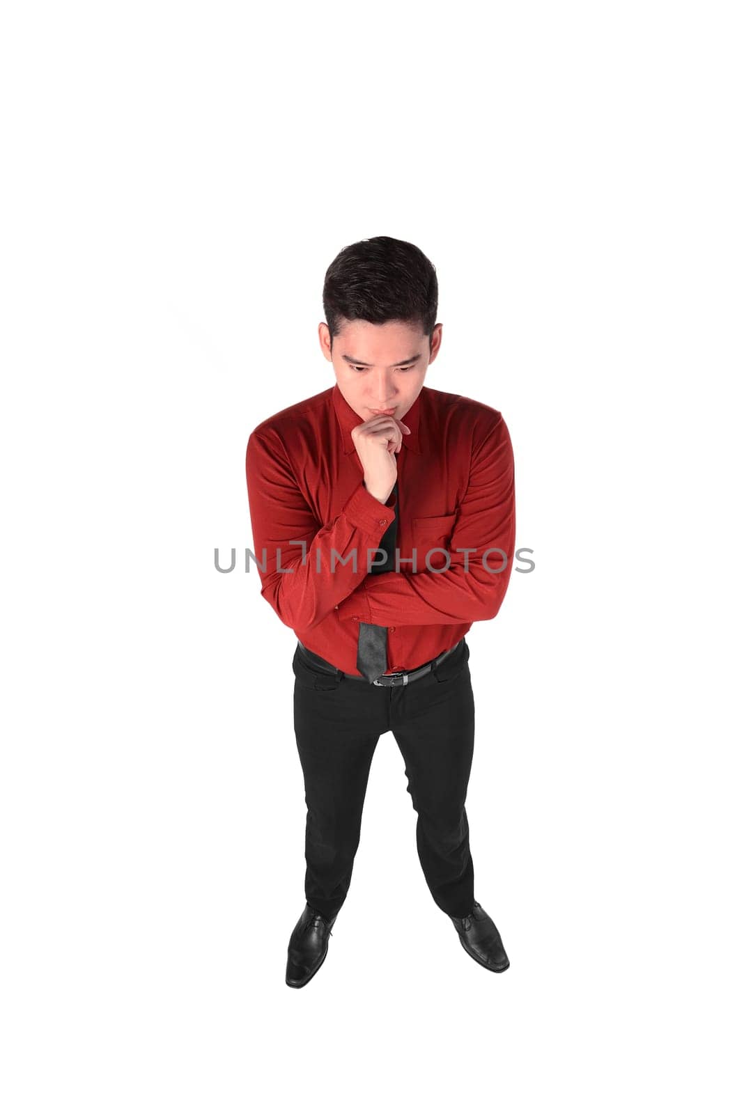 Asian business man thinking isolated over white background