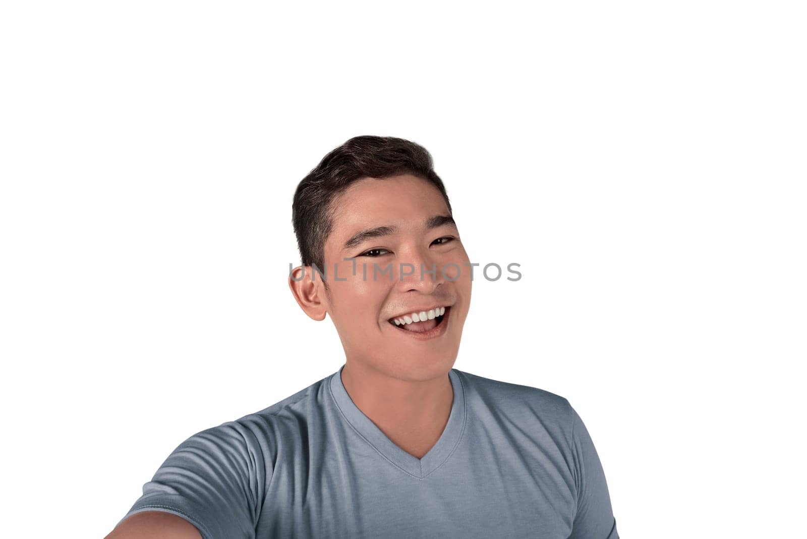 Asian man having selfie isolated over white background