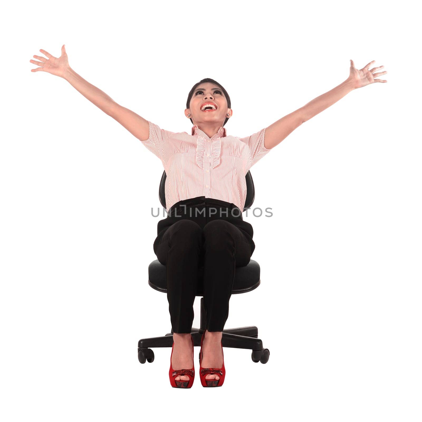 Asian business woman sitting isolated over white background