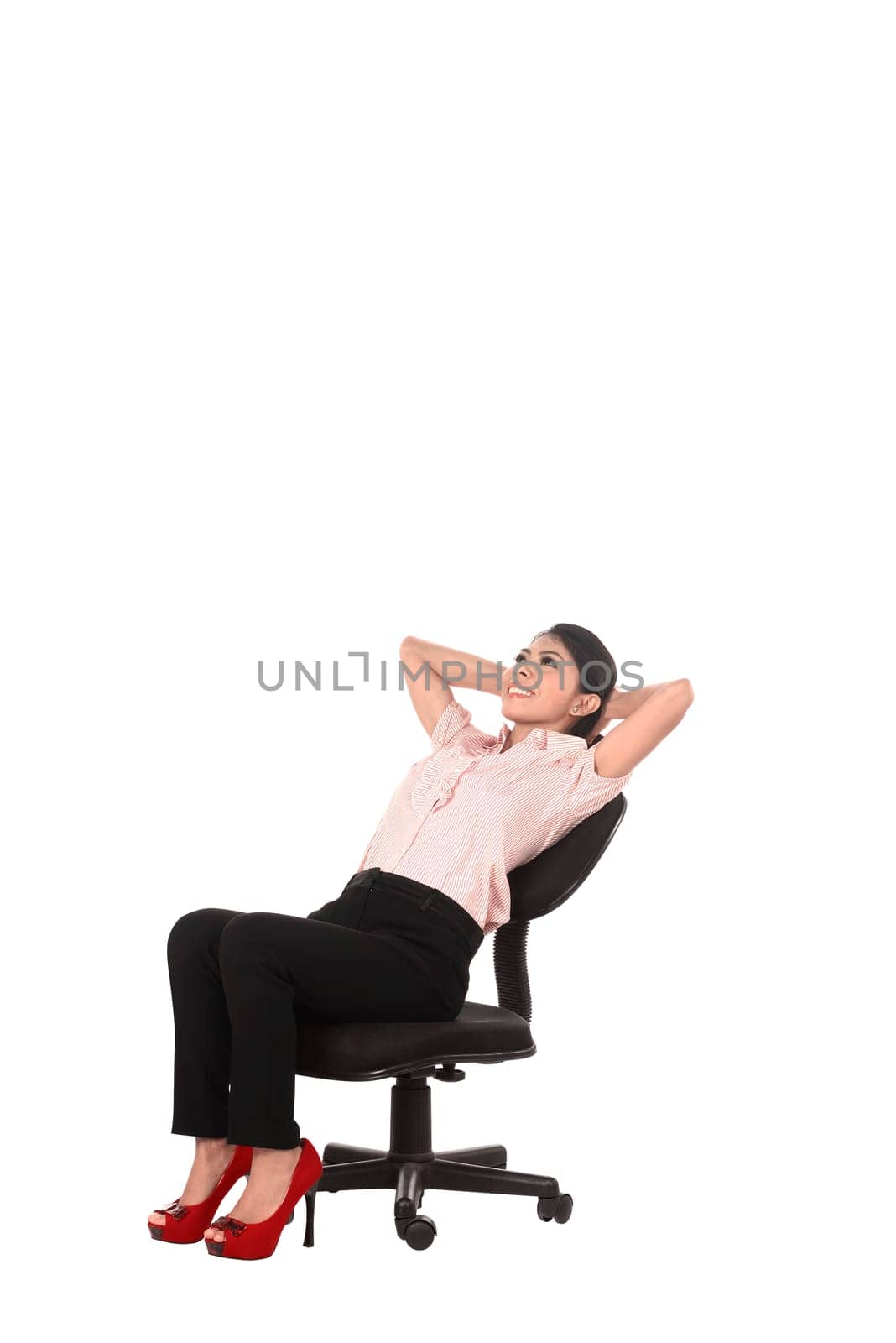 Asian business woman sitting isolated over white background