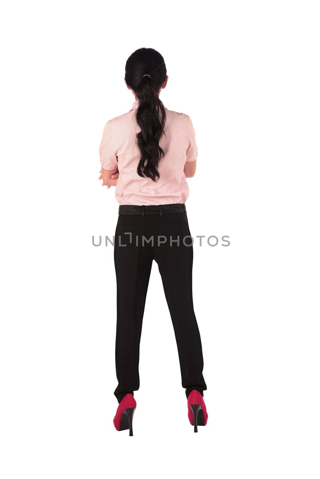 Asian business woman standing backview isolated over white background