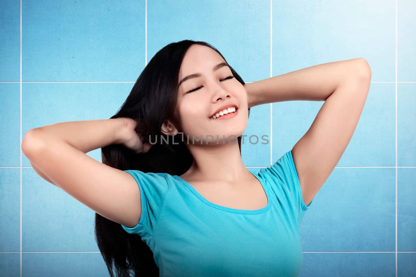 Free happy woman on the bathroom. Freedom concept