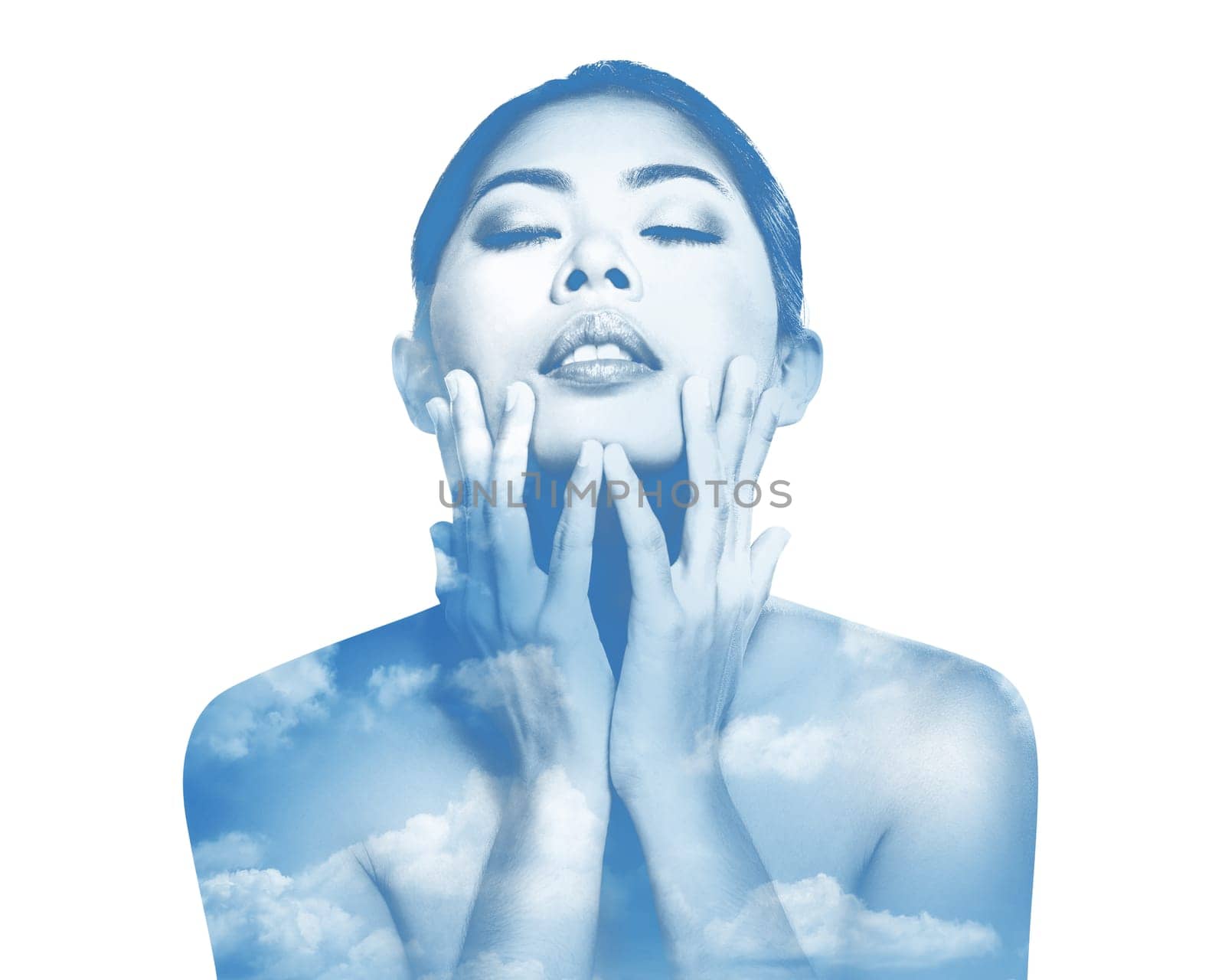 Double exposure of asian woman and nature. Beauty concept