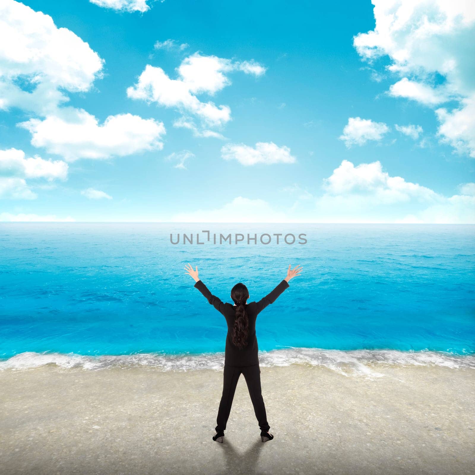 Successful business woman on the beach with blue sky background